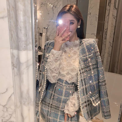 2023 New Style Socialite Little Fragrance Hong Kong Style Retro Chic Temperament Suit Professional Two-piece Suit Skirt Women Winter