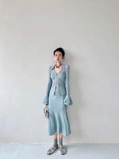 Le Disa Design Blue Knitted Cardigan Bell Sleeve Suit Women's High Waist Slim Slim Skirt Two-piece Set