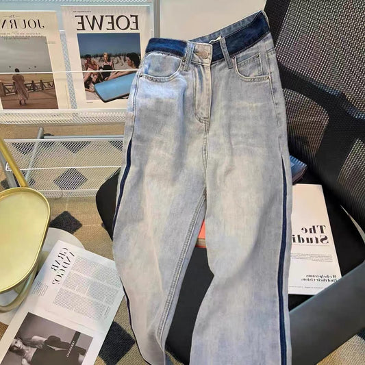 Hong Kong style small contrast washed wide-leg jeans for women spring 2023 new design chic high-waisted pants