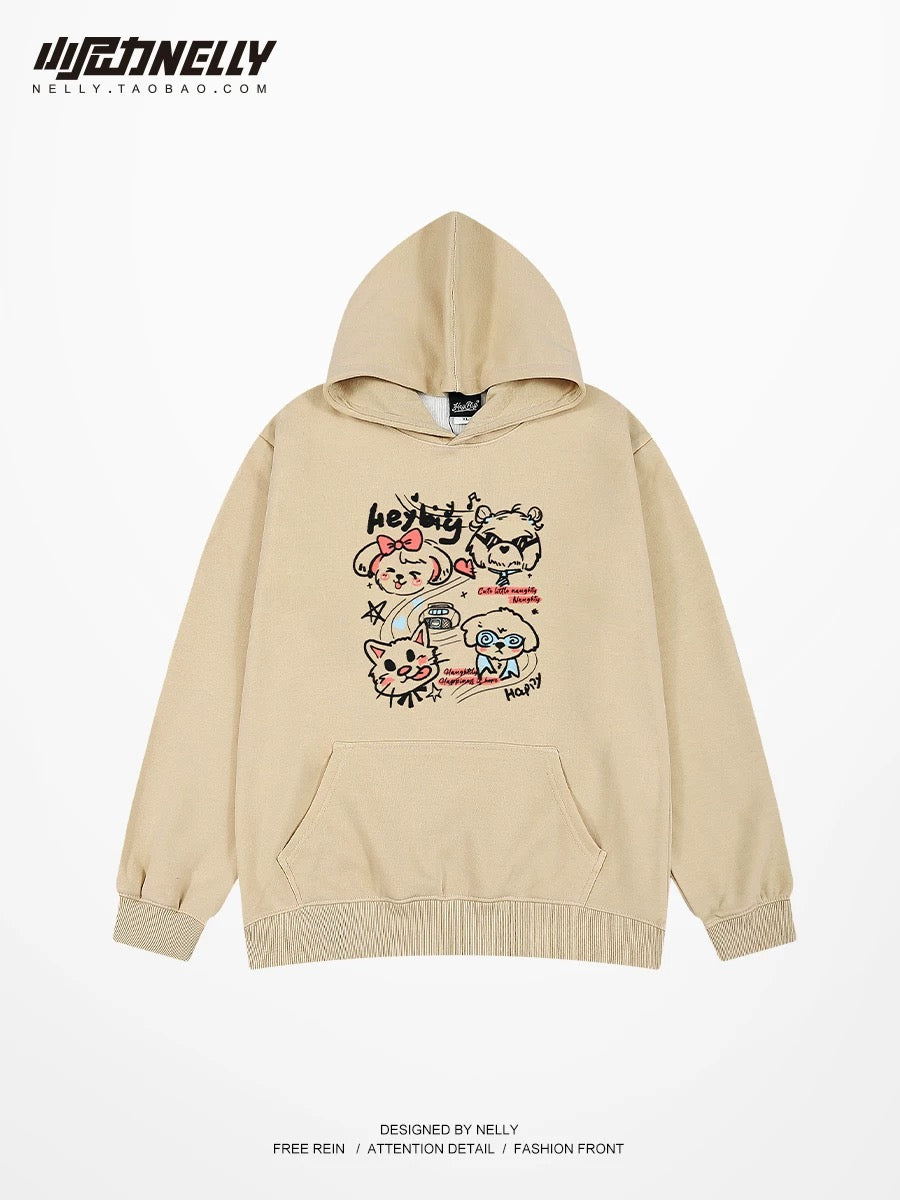 Heavy trendy brand cartoon print hooded sweatshirt for men and women in autumn and winter thickened trendy brand handsome high street American retro jacket