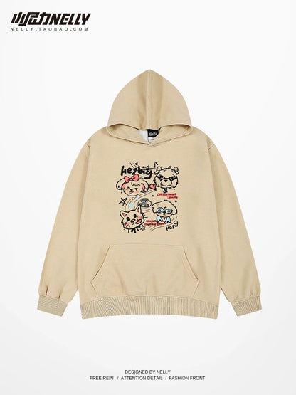 Heavy trendy brand cartoon print hooded sweatshirt for men and women in autumn and winter thickened trendy brand handsome high street American retro jacket