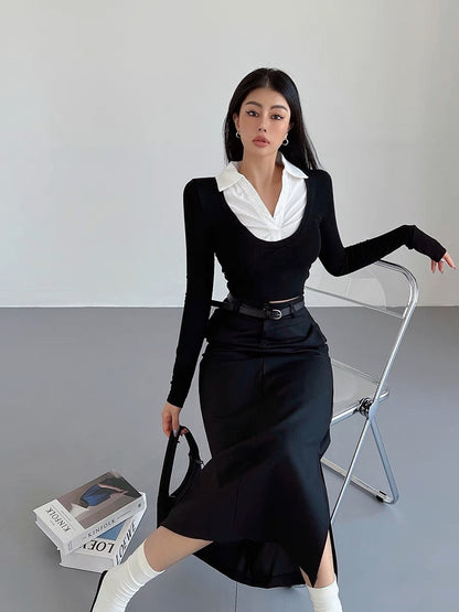 liviahome college style shirt collar fake two-piece top for women autumn hot girl tight short navel-baring long-sleeved T-shirt (T196)
