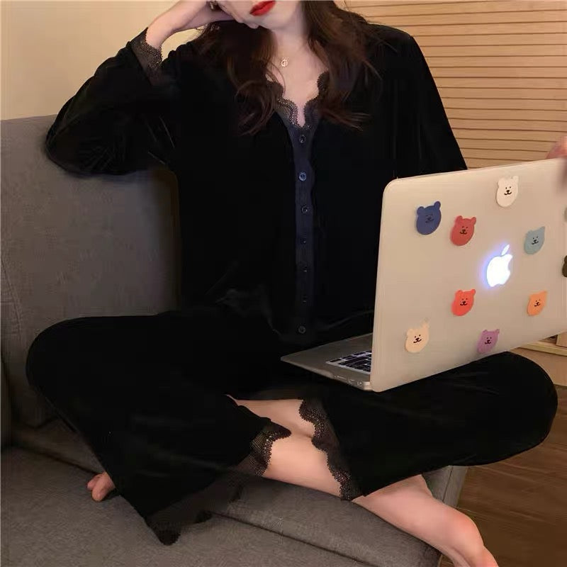 Gold velvet pajamas for women, autumn and winter long-sleeved two-piece set for women, spring and autumn casual home wear, can be worn outside, internet celebrity ins