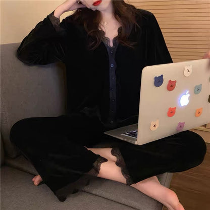 Gold velvet pajamas for women, autumn and winter long-sleeved two-piece set for women, spring and autumn casual home wear, can be worn outside, internet celebrity ins