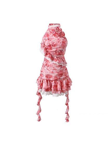Underpass original design niche romantic red rose floral halter neck ribbon high waist dress for women