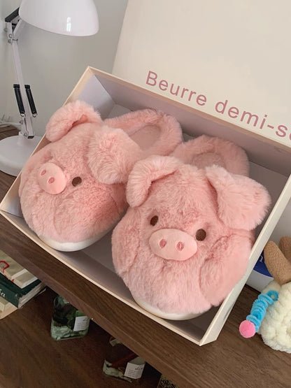 Thin strips of girly cute piglet cotton slippers for women winter soft-soled non-slip parent-child home plush confinement shoes