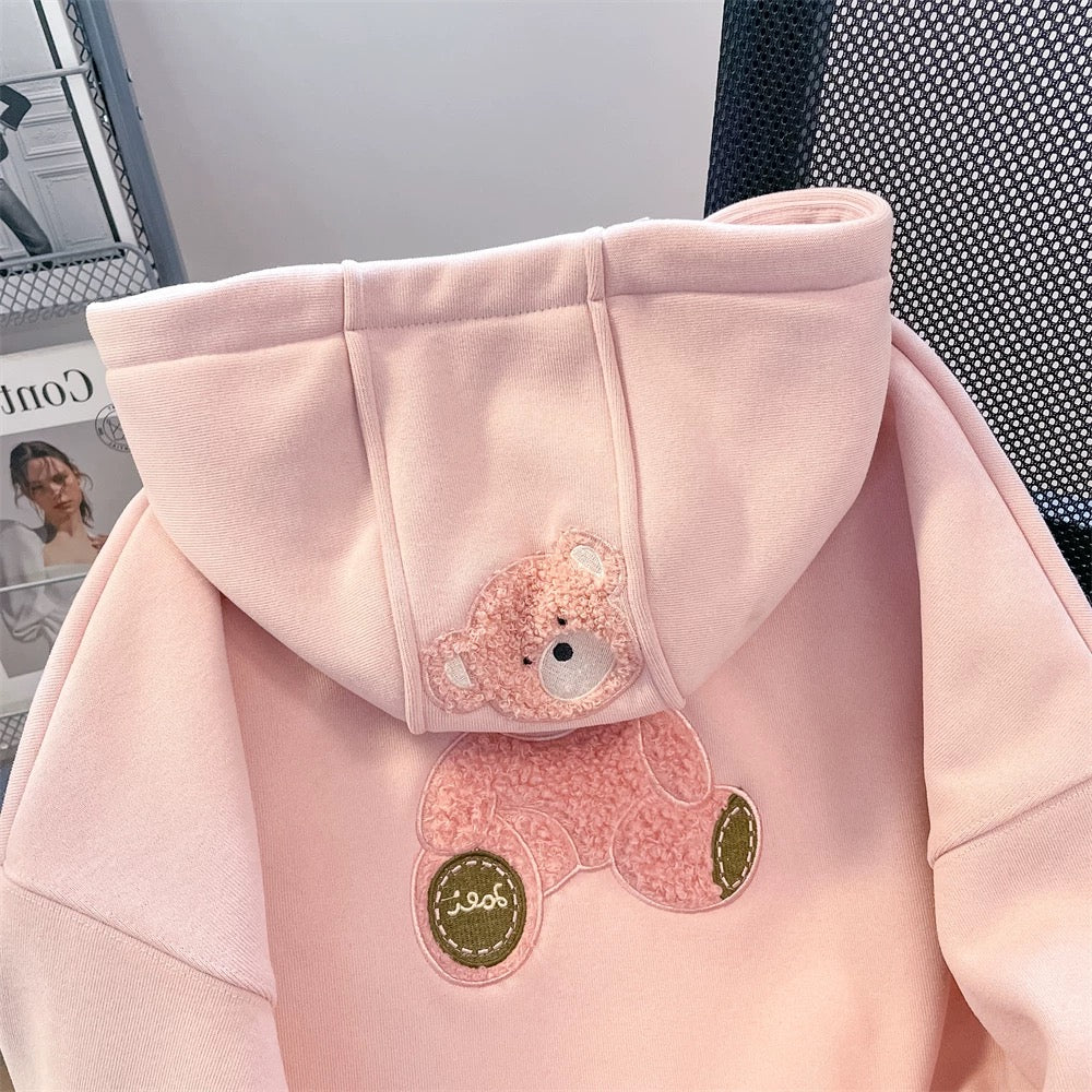 Milk fufu lazy cute little bear embroidered hooded sweatshirt men and women autumn and winter small plus velvet thickened top coat
