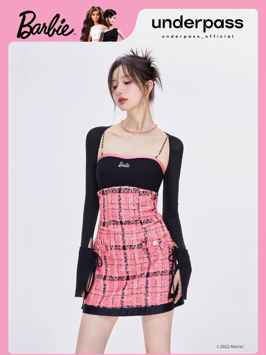 UnderpassX Barbie Barbie co-branded pink plaid small fragrant style suspender waist two-piece a-line dress