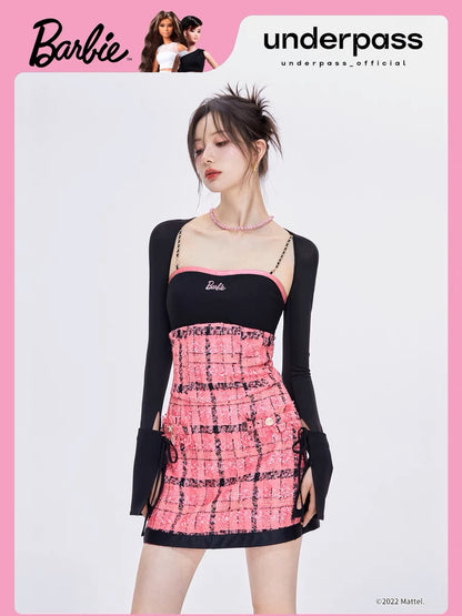 UnderpassX Barbie Barbie co-branded pink plaid small fragrant style suspender waist two-piece a-line dress