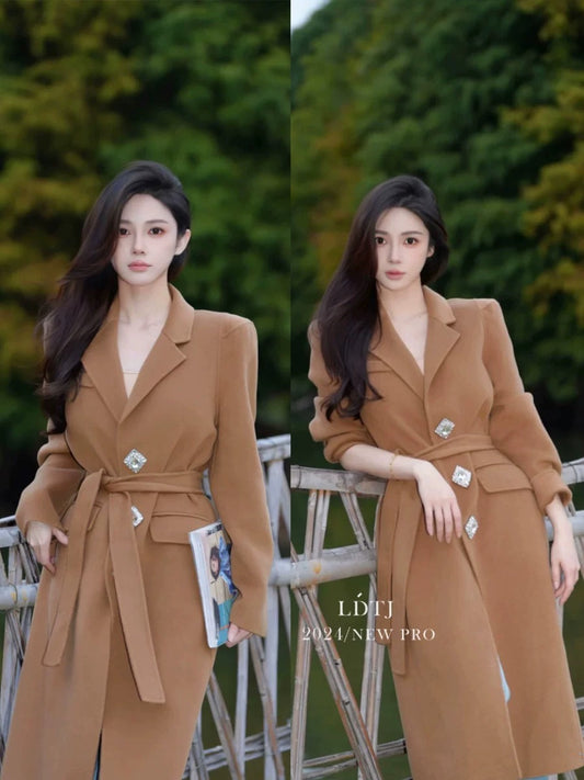 LDTJ haute couture coat winter new French luxury temperament slim long diamond button double-sided cashmere coat for women