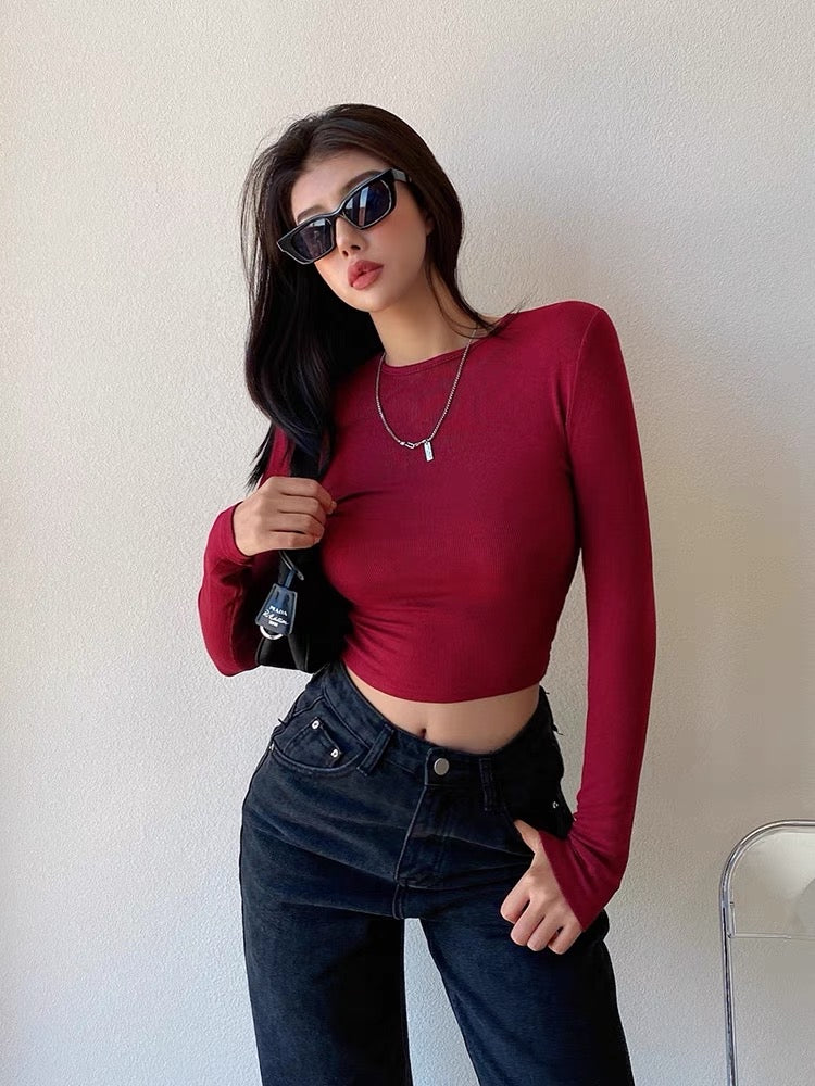 liviahome European and American hot girls tight-fitting bottoming shirt top women's autumn high waist short round neck long-sleeved T-shirt
