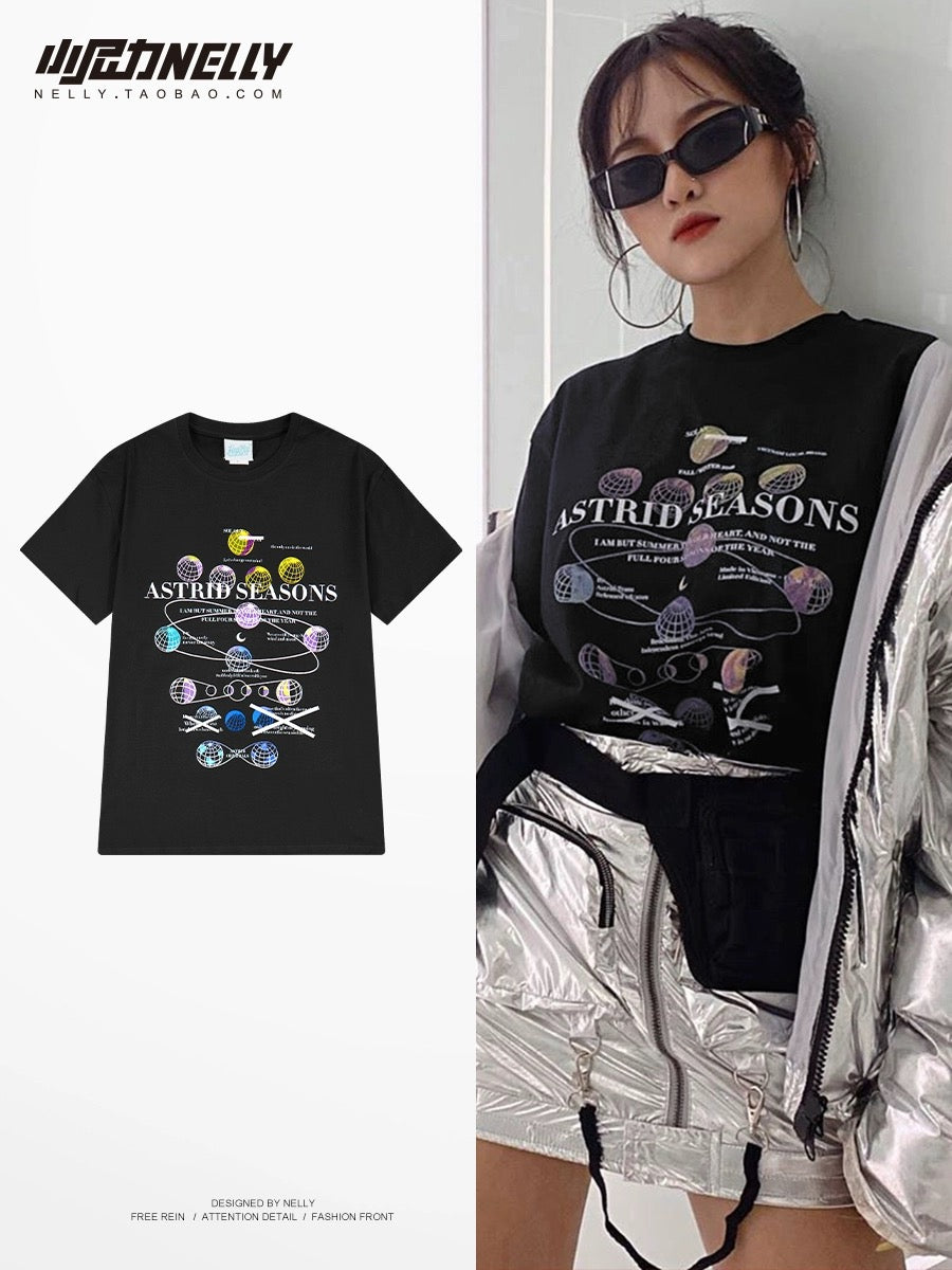 Earth short-sleeved T-shirt for men and women in summer ins Hong Kong style loose clothes 2024 new trend versatile half-sleeved T-shirt trend