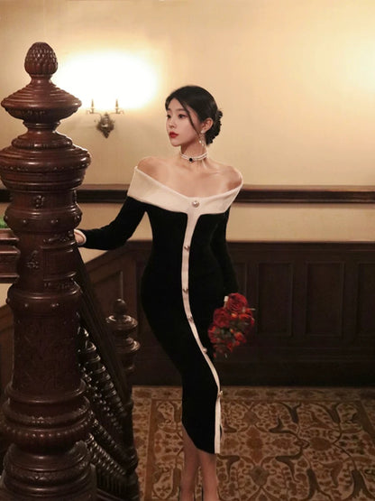 Thirteen and Little Slim Knitted Dress Women's Autumn and Winter Color Block Slit Style French One Shoulder Skirt