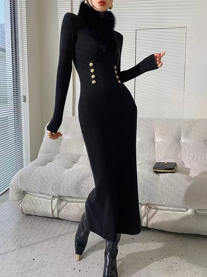 WANGXO black bottoming knitted dress for women 2023 autumn new style waist slimming mid-length hip-covering skirt (B1710)