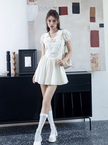 MOXI Summer Girly White Puff Sleeve Dress Sweet and Spicy Temperament Slim Shirt Skirt Women