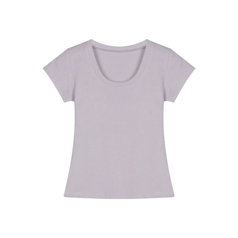 Yellow short-sleeved women's summer niche elastic slim fit versatile white straight shoulder T-shirt simple short purple top
