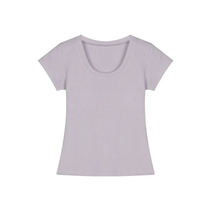 Yellow short-sleeved women's summer niche elastic slim fit versatile white straight shoulder T-shirt simple short purple top