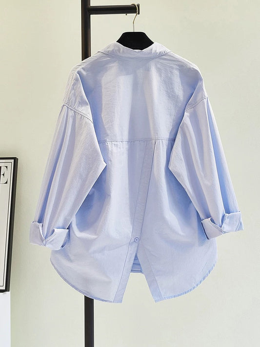 Light blue cotton shirt for women, design with slit back, loose shirt, 2024 spring and summer fashion, versatile long-sleeved top