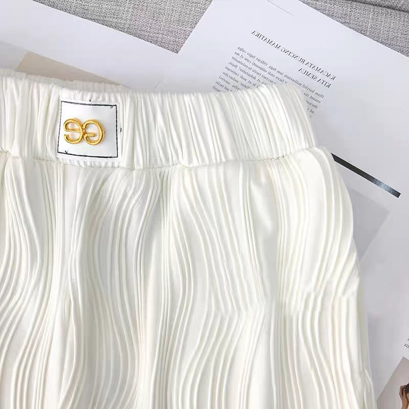 YLSZ customization ~ white wide-leg pants summer high-waist elastic drape water ripple straight nine-point casual pants ice silk (P124)