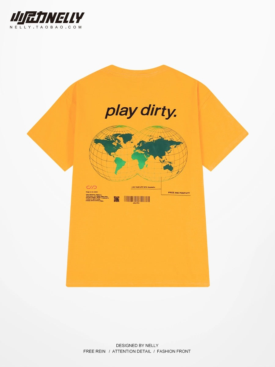 American retro heavyweight pure cotton earth print short-sleeved T-shirt for men and women trendy brand street student couple bottoming T-shirt