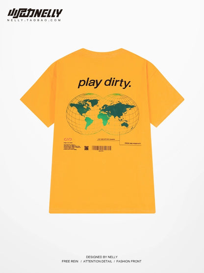 American retro heavyweight pure cotton earth print short-sleeved T-shirt for men and women trendy brand street student couple bottoming T-shirt