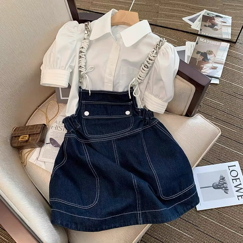 Fashion suit summer style 2023 new design sense niche white shirt + high waist thin suspender skirt two-piece set