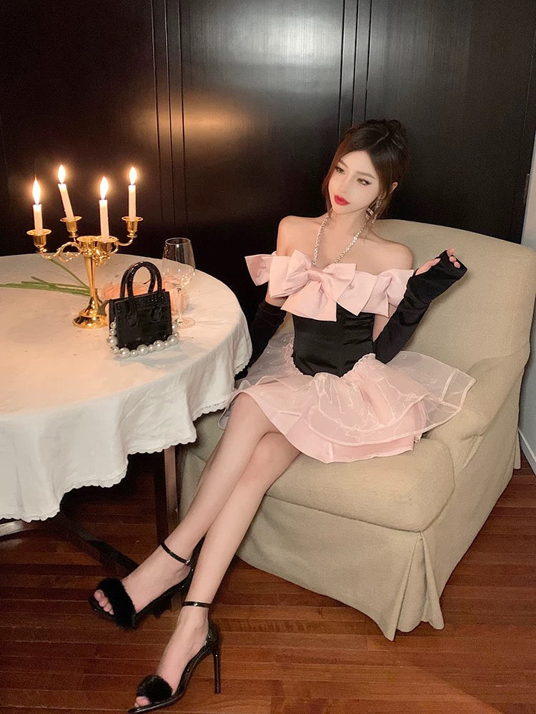 Extraordinary Sky Sweet Black and Pink Bow Halter Dress 2023 Autumn and Winter Birthday Dress Puffy Princess Dress
