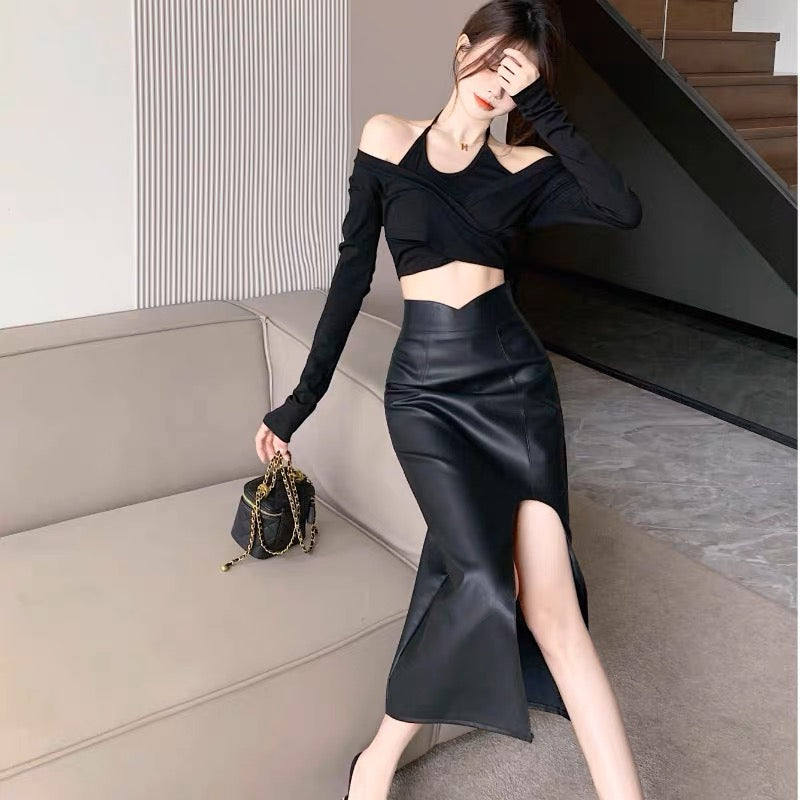 Black PU leather skirt for women in autumn and winter, high waist, slimming, irregular slit, hip-covering short skirt, mid-length a-line skirt