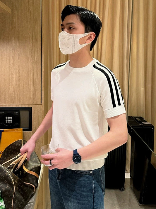 Summer new casual clothes men's knitted sweaters tops fashionable high-end contrast color striped slim fit T-shirt men's short sleeve