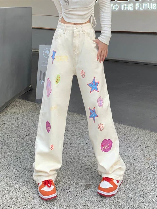Japanese pink cartoon pattern jeans for women summer straight dopamine wear trousers design niche pants