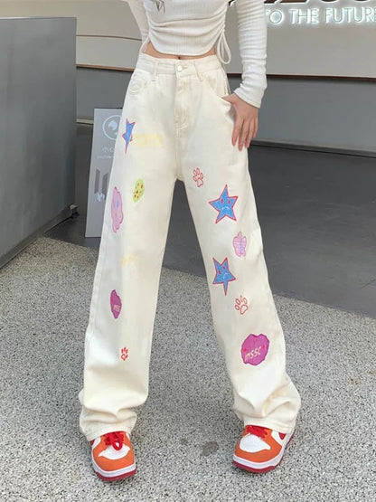 Japanese pink cartoon pattern jeans for women summer straight dopamine wear trousers design niche pants