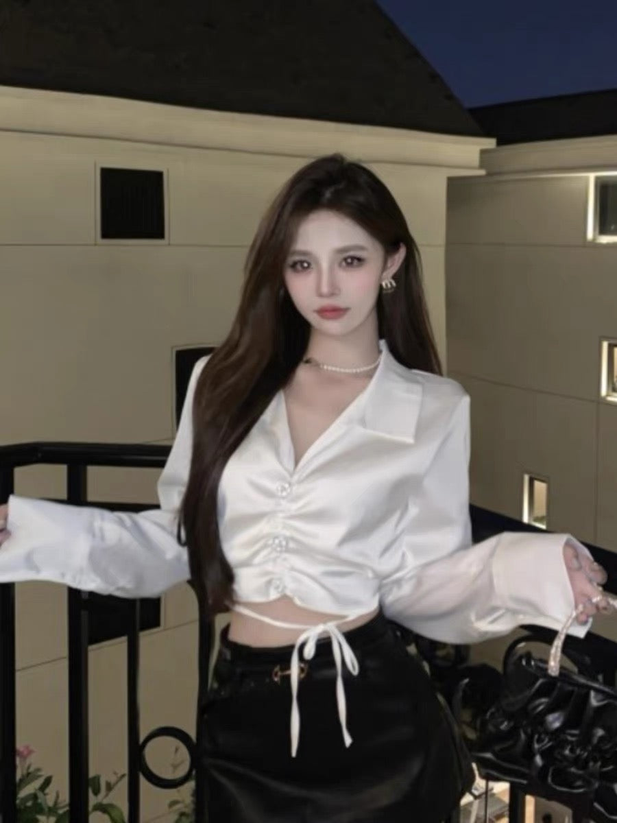 French V-neck long-sleeved satin shirt for women in fall, waist-cinching design, short shirt with lace-up white top