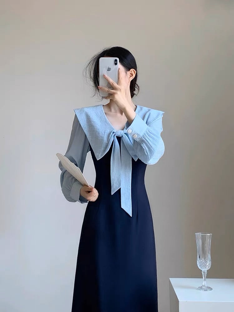 Autumn Women's Clothing 2023 New French Style Waist Slimming Navy Collar Gentle Style Design Niche Long Sleeve Dress