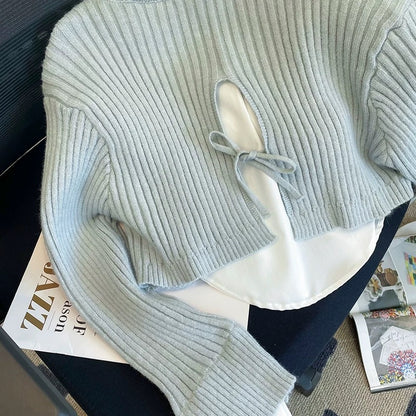 Sweater women's autumn new college style splicing fake two-piece design short temperament long-sleeved sweater top trendy