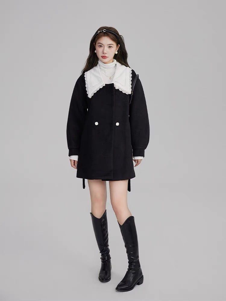 Volstagg French black Hepburn style woolen coat for women autumn and winter doll collar woolen coat dress