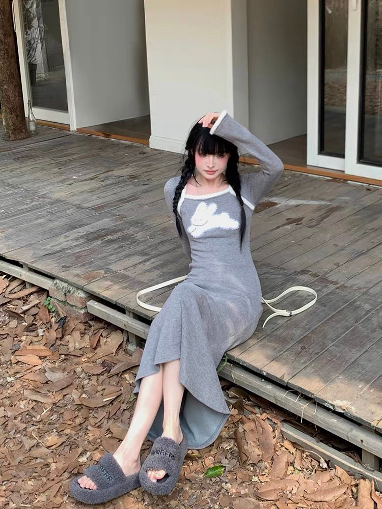 Drowning Three Fish Plush Knitted Dress Women's Autumn and Winter Breast-type Little People Wear Rabbit Sweater Dress Fishtail Long Skirt (D7111)
