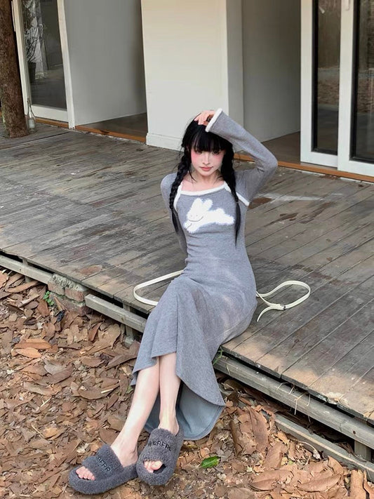 Drowning Three Fish Plush Knitted Dress Women's Autumn and Winter Breast-type Little People Wear Rabbit Sweater Dress Fishtail Long Skirt (D7111)