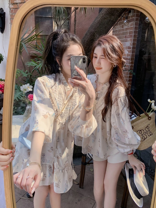 Fish Rabbit Rabbit Floral Chiffon Shirt Top Women Summer French Sunscreen Shirt Loose and Slim Temperament Women