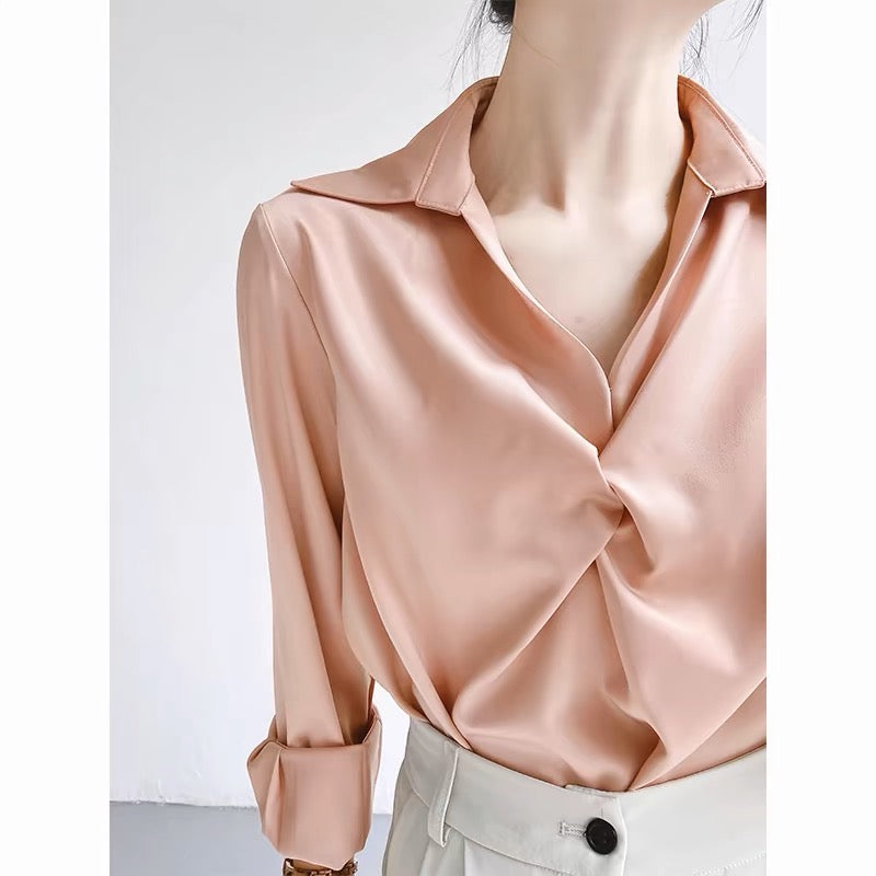 ACHU Love at First Sight Blue Satin Shirt Women's Professional Commuting OL Interview Shirt Design Top Light Mature T367