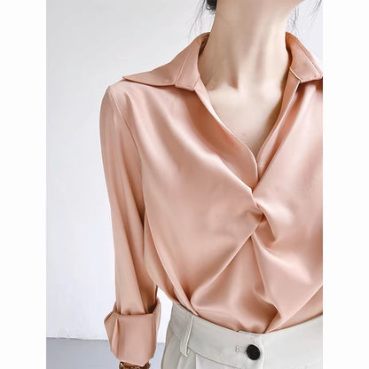 ACHU Love at First Sight Blue Satin Shirt Women's Professional Commuting OL Interview Shirt Design Top Light Mature T367