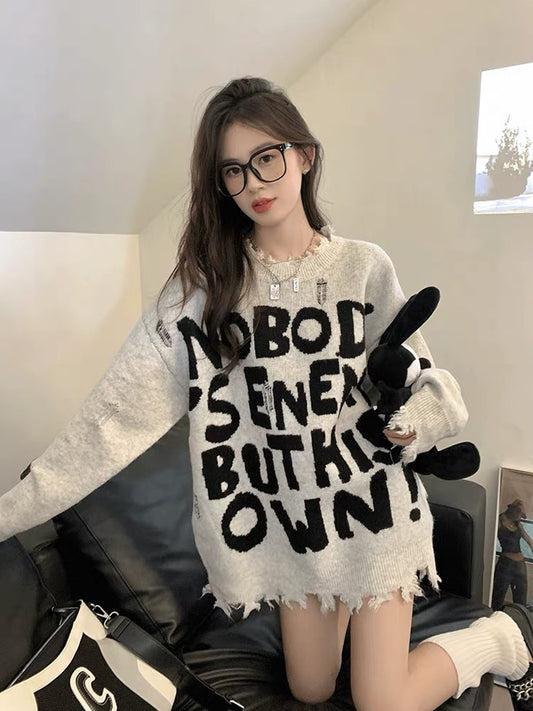 American style ripped sweater for women autumn and winter 2023 new design letter loose mid-length long-sleeved knitted top trendy