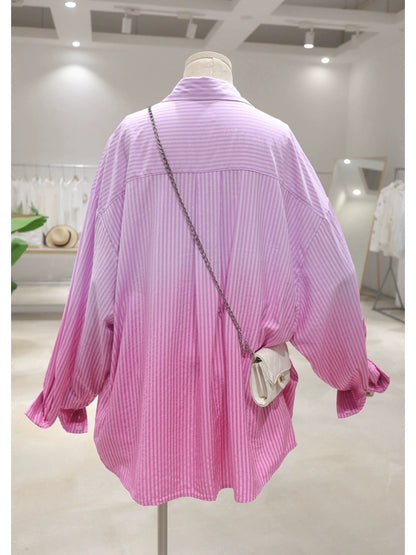 Soft and glutinous texture gradient color 2024 summer loose slim medium and long hip striped long-sleeved shirt for women