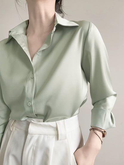 ACHU straightforward and simple high-end green satin shirt women's professional interview shirt design niche top T579