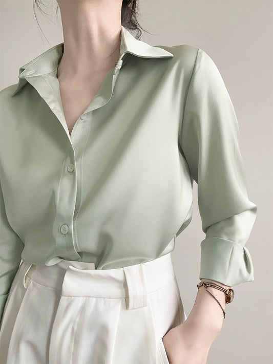 ACHU straightforward and simple high-end green satin shirt women's professional interview shirt design niche top T579