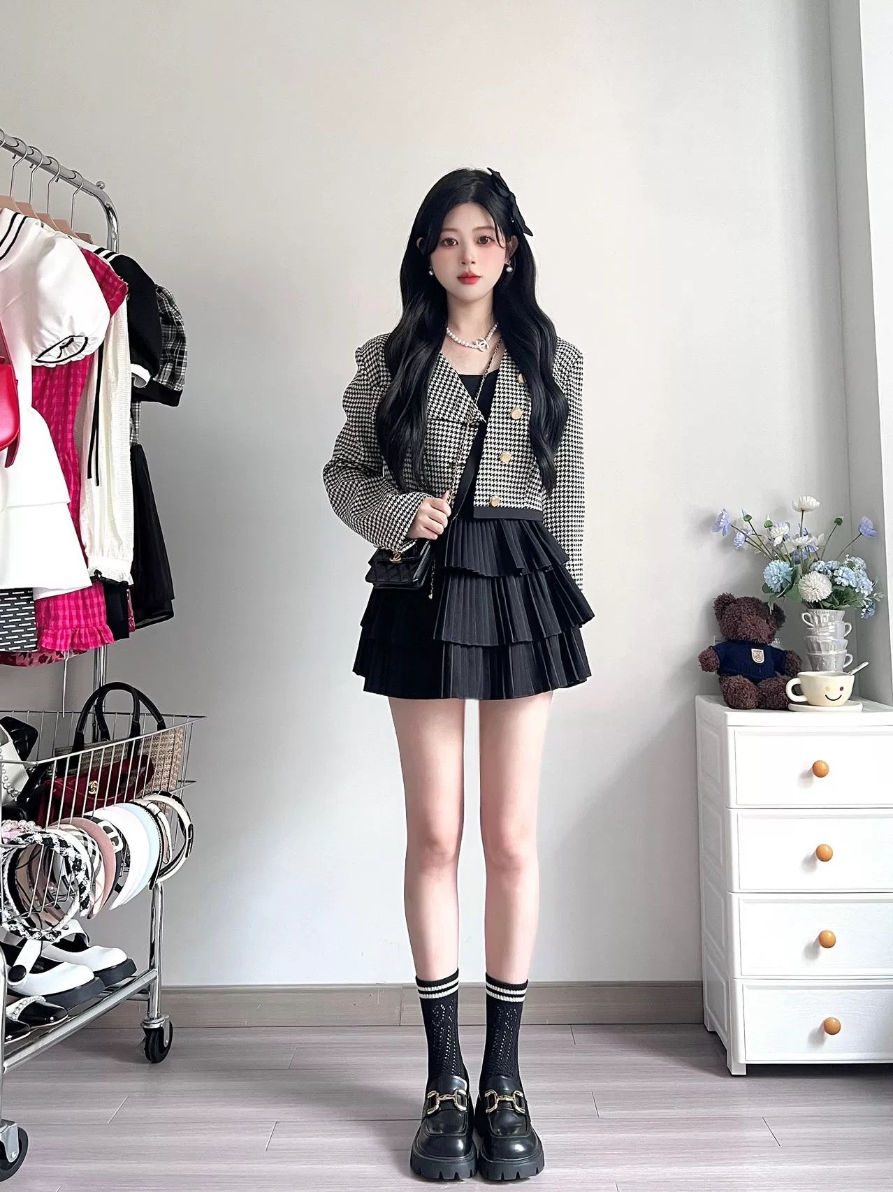 Small fragrant style suit, high-end and cold style two-piece skirt, houndstooth plaid short jacket, female celebrity early spring new style