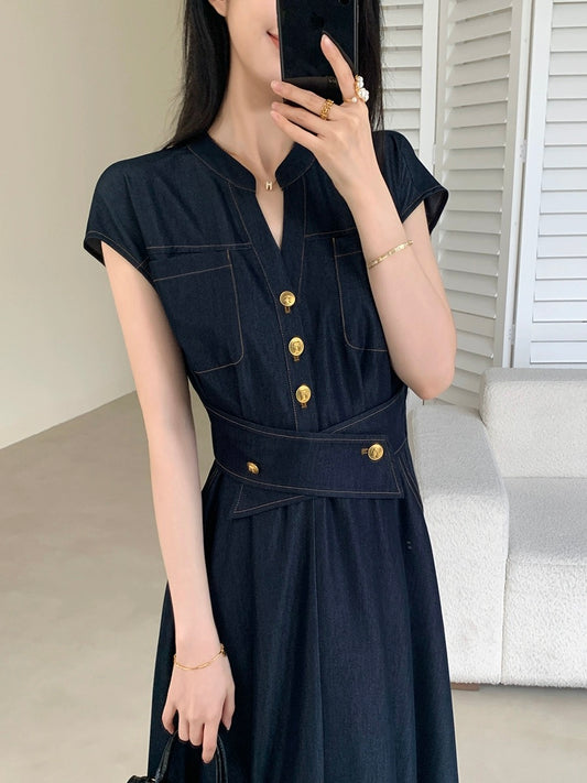 FT GUOGE imitation denim dress female 2024 summer new waist slimming temperament commuting long skirt