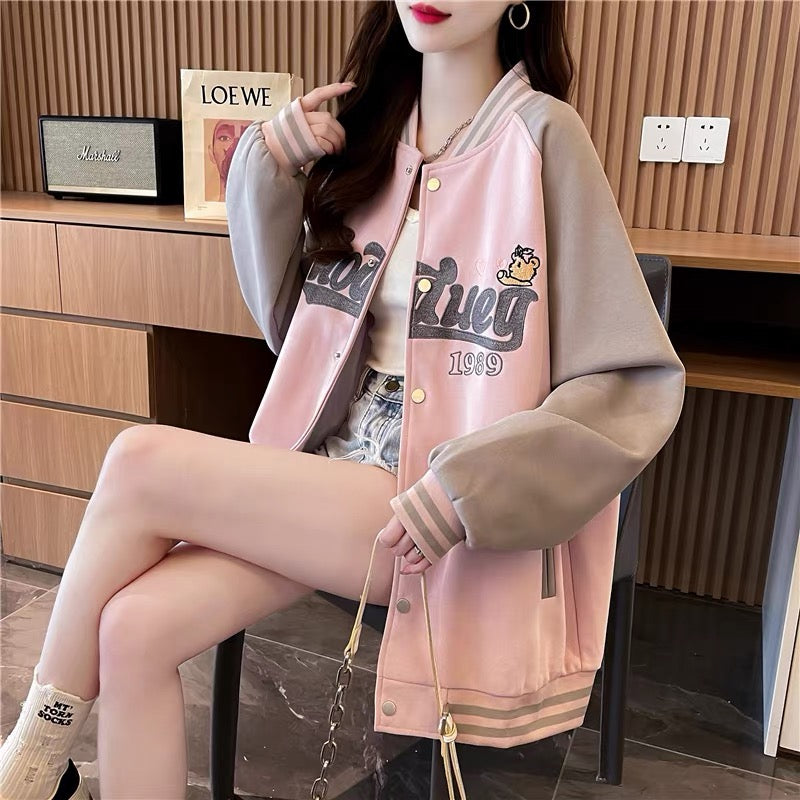 Loose and Western style age-reducing cartoon baseball uniform jacket for women 2023 new autumn casual versatile Korean cardigan (S0518)