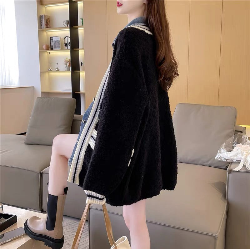 Designed denim splicing sweater cardigan for women 2023 new autumn casual loose and versatile knitted jacket (S0611)
