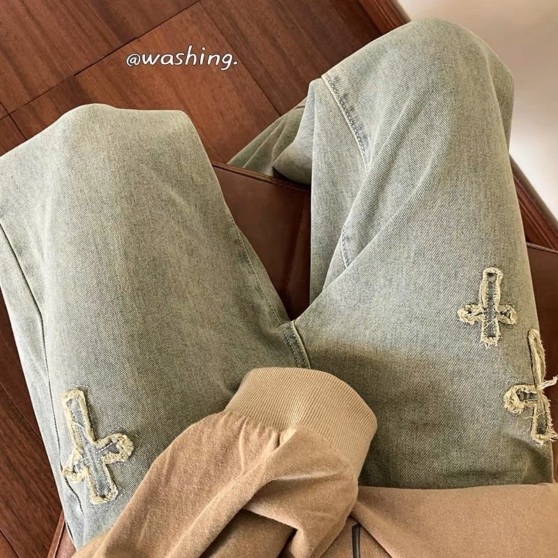 European and American high street vibe pants men's niche design sense American style yellow mud dyed jeans embroidery micro-launched straight-leg pants tide