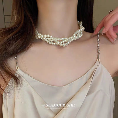 French retro pearl multi-layer necklace fashion personality temperament neck chain clavicle chain design sense twist winding necklace